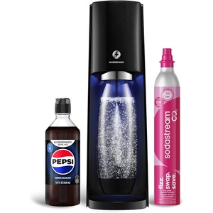 image:imageSodaStream  ETERRA Soda Maker  STARTER KIT  3 Automatic Carbonation Levels  Includes 1x CO2 Cylinder 1x 32 Fl Oz Dishwasher Safe Bottle 1x Pepsi Zero Sugar Mix 1x Power Adapter  Black